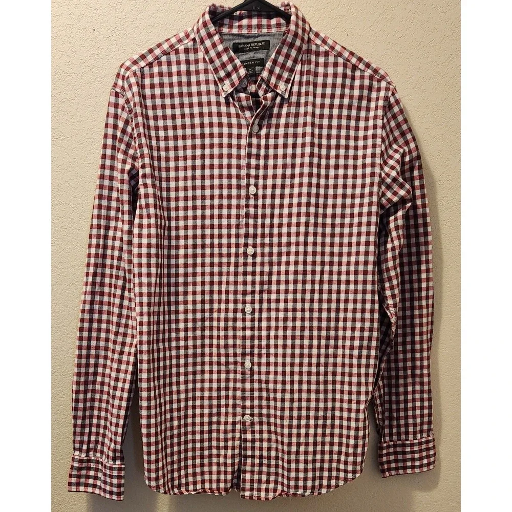 BANANA REPUBLIC Mens Medium Shirt Luxe Flannel Check Camden Fit Red/Black/Ivory